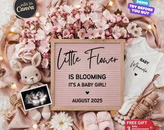 Baby in Bloom Schwangerschaft Ankündigung Digitale, bearbeitbare Social Media Reveal Vorlage, Gender Reveal Frühling Sommer Baby Girl Reveal Es ist ein Mädchen