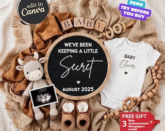 May include: A brown and white crocheted stuffed animal, a black letter board with the text "We've been keeping a little secret August 2025", a white onesie with the text "Baby Oliver", and a small ultrasound image. The background is a brown and white blanket.