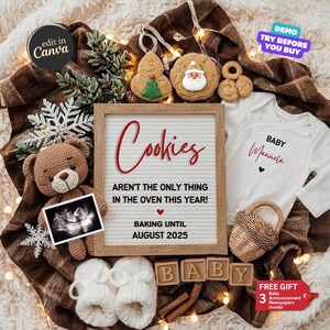 Christmas Pregnancy Announcement Digital, Baby Announcement Holiday Baby Gender Neutral Pregnancy Reveal, Editable Template Cookies in Oven