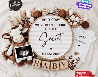 May include: A wooden sign with the text "HOLY COW! WE'VE BEEN KEEPING A LITTLE SECRET AUGUST 2025" surrounded by brown and white stuffed animals, a baby onesie, and wooden blocks that spell out "BABY".