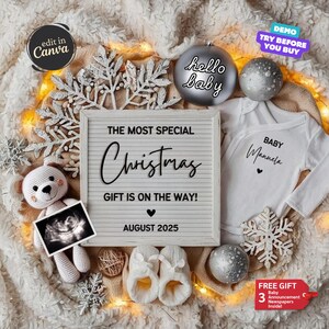 Christmas Gift Baby Announcement Digital, Winter Pregnancy Announcement, December Baby Reveal Editable Social Media Gender Reveal Template