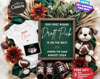 Pode incluir: Um letreiro de quadro negro verde e branco com o texto "Our First Round Draft Pick Is On The Way! Joining The Game August 2024". Um macacão branco com o texto "Baby Oliver" em laranja. Também há uma pequena bola de futebol, um par de sapatos de bebê marrons e um cachorro de pelúcia segurando uma bola de futebol.