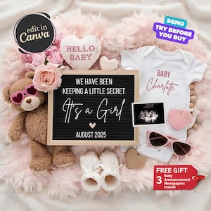 Baby Girl Announcement Digital Canva, Pink Pregnancy Announcement, Girl Gender Reveal Social Media Template, Boho Teddy Bear, It&#39;s a Girl