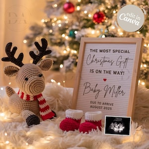 Digitale kerstzwangerschapsaankondiging, rendierbaby van december, genderneutraal bewerkbare sjabloon, Boho Social Media Baby Reveal
