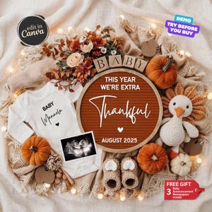 Thanksgiving Baby Announcement Digital Thankful Baby Reveal Fall Pregnancy Announcement Editable Gender Neutral Reveal Social Media Template