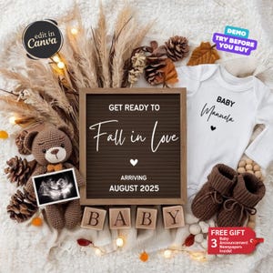 Fall Pregnancy Announcement Digital, Autumn Baby Reveal, Baby Announcement, Editable Template, Social Media Gender Reveal, Fall in Love