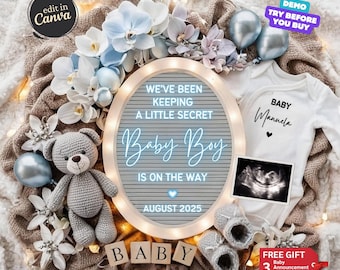 以下が含まれることがあります： グレーのテディベア、青と白の花、そして「Baby Boy is on the way August 2025」と書かれたレターボードが特徴のベビーアナウンスメント。 「Manuela」という名前の白いロンパースも含まれています。