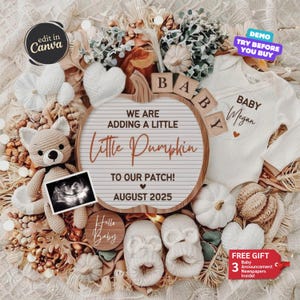 May include: A fall-themed baby announcement with a wooden sign that reads "We are adding a little pumpkin to our patch! August 2025". The sign is surrounded by a variety of fall-themed decorations, including a crocheted fox, a baby onesie, and a pair of booties.