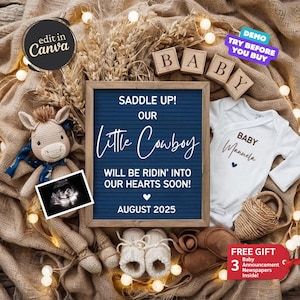 Western Baby Announcement, Cowboy Pregnancy Announcement Digital, Editable Social Media Template, Country Western Gender Neutral Reveal