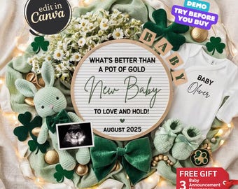 St. Patrick's Day Pregnancy Announcement, St. Patricks Baby Announcement, Social Media Baby Reveal Template, Gender Neutral Reveal Digital
