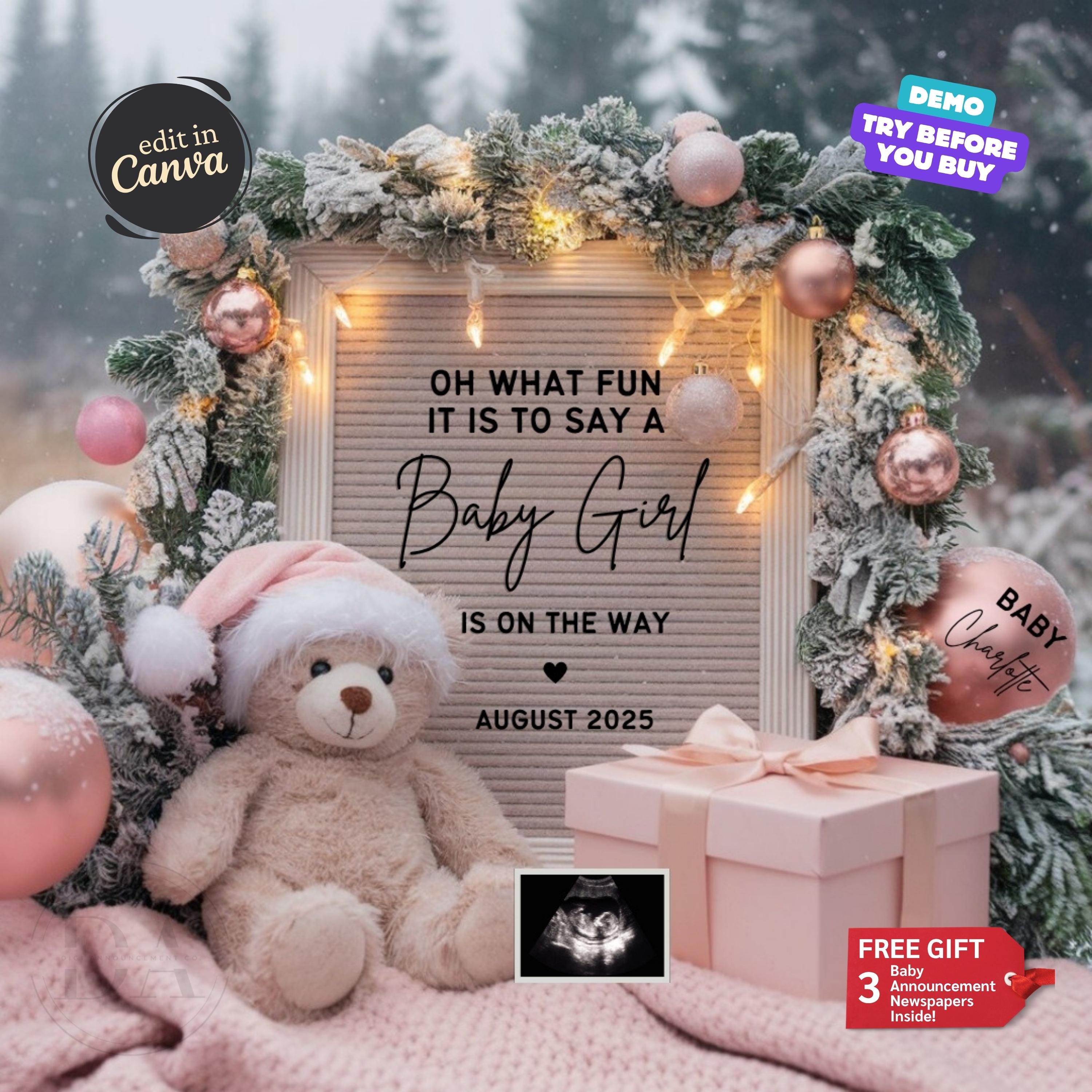 Christmas Digital Pregnancy Announcement, Editable Social Media Template, Girl Baby Announcement, Simple Gender Reveal Its a Girl Template