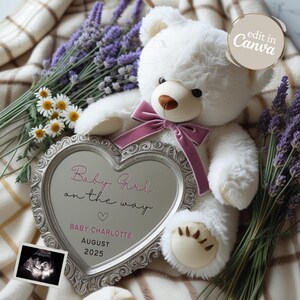 Spiegel Baby Mädchen Schwangerschaft Ankündigung Digitale Vorlage, Teddybär Floral Baby offenbaren, niedliche minimalistische Social Media Baby Ankündigung Vorlage
