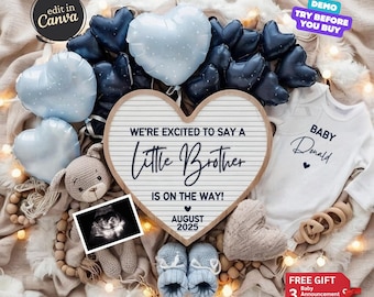 Little Brother Announcement Digital, Boy Pregnancy Announcement, Baby Boy Gender Reveal, Social Media Template, Baby Boy Reveal, It's a Boy