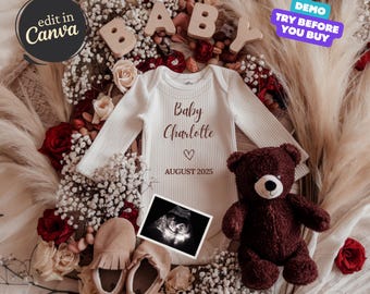 May include: A white baby onesie with the text "Baby Charlotte" and "August 2025" in brown lettering. The onesie is surrounded by white and red flowers, a teddy bear, and a baby ultrasound image.