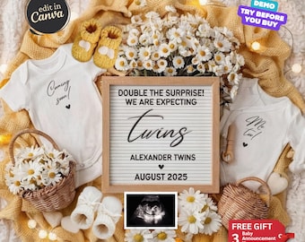 May include: A pregnancy announcement with a letter board that reads "Double the surprise! We are expecting twins Alexander twins August 2025". There are two white onesies, one that says "Coming soon!" and the other that says "Me too!" There are also two pairs of baby booties, a basket of white flowers, and a sonogram image.