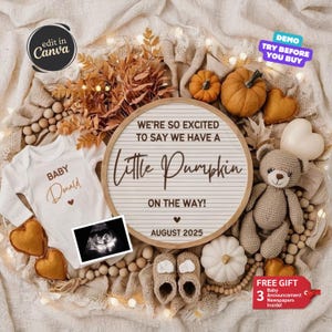 Fall Baby Announcement, Pregnancy Announcement Digital, Baby Reveal Autumn, Editable Template, Neutral Social Media Reveal, Little Pumpkin