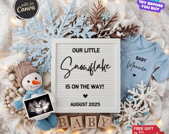 Digital Winter Pregnancy Announcement, Christmas Baby Announcement, Gender Neutral Editable Social Media Baby Template Snowflake Baby Reveal