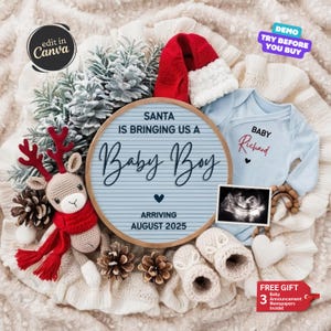 Santa Baby Boy Announcement, Christmas Pregnancy Announcement Digital, Its a Boy Baby Reveal Editable Template, Surprise Baby Little Brother
