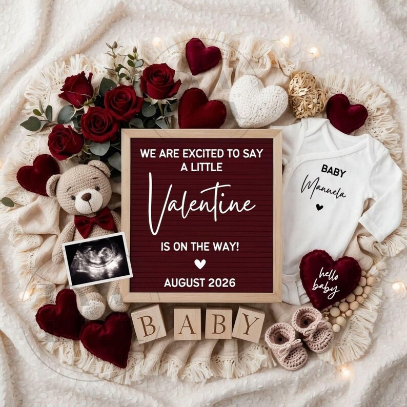 May include: An announcement with a burgundy letter board that reads "WE ARE EXCITED TO SAY A LITTLE Valentine IS ON THE WAY! AUGUST 2026." The image includes a teddy bear, roses, hearts, baby clothes, and baby shoes.