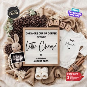 One More Coffee Pregnancy Announcement Digital, Coffee Lover Baby Announcement, Brewing Baby Reveal, Editable Gender Reveal Canva Template