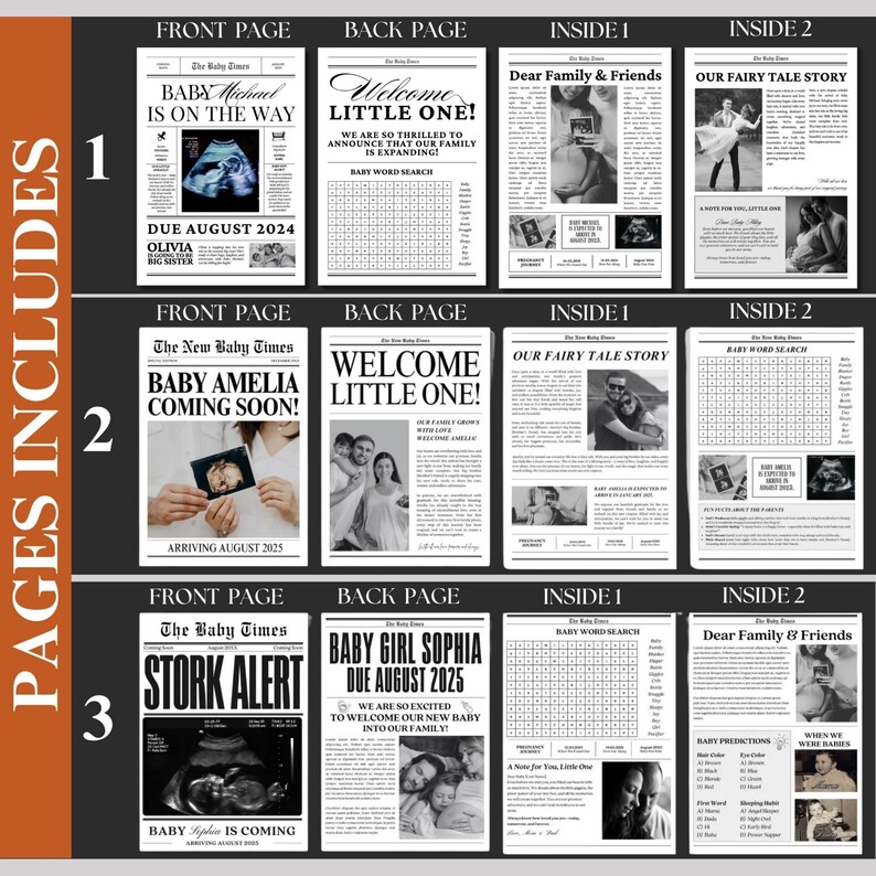 May include: A collection of baby announcement newspaper-style pages. The front pages announce the baby's name and due date, while the back pages welcome the new baby. Includes word searches and family photos.