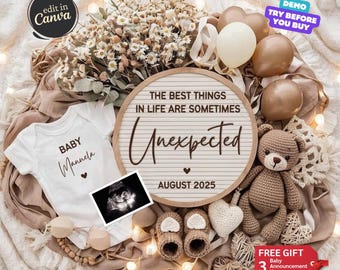Baby Announcement Digital, Pregnancy Announcement, Boho Baby Reveal, Editable Social Media Template, Gender Neutral Baby Reveal, Unexpected