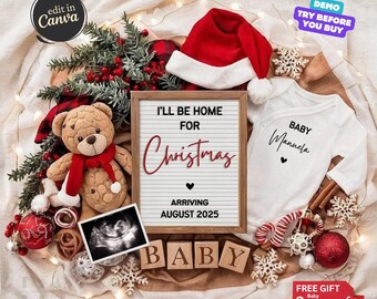 May include: A Christmas-themed baby announcement with a Santa hat, teddy bear, and a letter board that reads "I'll be home for Christmas arriving August 2025." A baby onesie says "Baby Manuela."