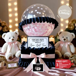 Twins Girl Pregnancy Announcement, Teddy Bear Two Baby Announcement Digital, Twin Pink Pregnancy Reveal, Social Media Baby Editable Template