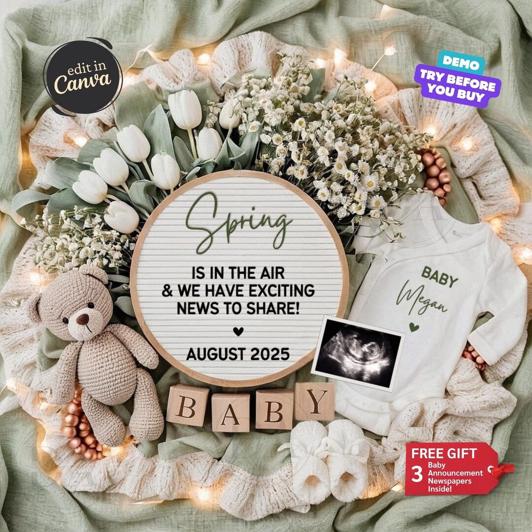 Spring Baby Announcement Digital, Pregnancy Announcement, March Baby ...