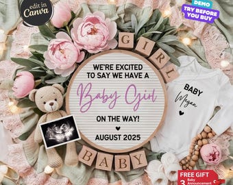 Mädchen Schwangerschaft Ankündigung Digital, Baby Girl Ankündigung, Mädchen Geschlecht offenbaren, bearbeitbare Social Media Vorlage Sofortiger Download, es ist ein Mädchen