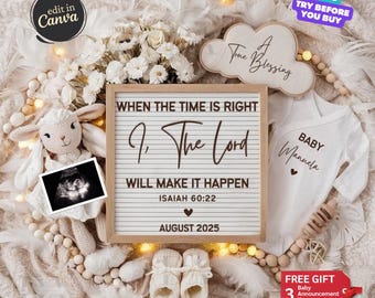 Anuncio de embarazo religioso, anuncio digital de bebé con escrituras, revelación cristiana de bebé, plantilla editable de género neutro, mamá corderita