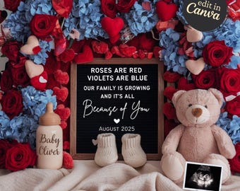 Valentine's Day Pregnancy Announcement, Digital Baby Announcement, Editable Template Social Media Bear, February Gender Neutral Baby Reveal