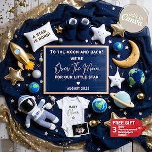 Magical Space Theme Pregnancy Announcement for Social Media, Over The Moon Baby Announcement, Gender Neutral Announce, Blue Star Baby Reveal