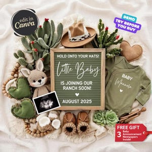 Västerländskt babymeddelande, digitalt graviditetsmeddelande, redigerbar mall för sociala medier, lantligt västerländskt avslöjande, könsneutralt avslöjande