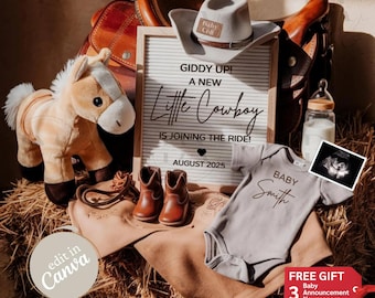 May include: A baby announcement featuring a brown saddle, a stuffed horse, a letter board that reads "Giddy Up! A New Little Cowboy is Joining the Ride! August 2025", a baby onesie with the text "Baby Smith", and a pair of brown cowboy boots.
