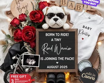 Motorcycle Pregnancy Announcement Digital, Biker Baby Reveal, Baby Boy Announcement, Editable Social Media Template, Born to Ride