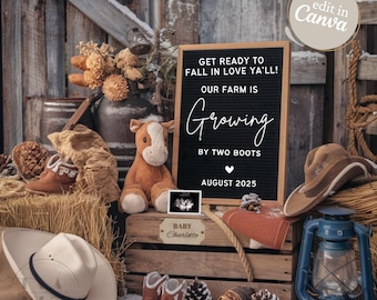 May include: A rustic farmhouse-themed baby announcement with a chalkboard sign that reads "Get ready to fall in love ya'll! Our farm is growing by two boots August 2025". The sign is surrounded by a stuffed horse, cowboy hats, boots, and a lantern.