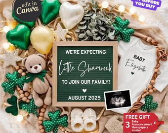 Anuncio digital del bebé del día de San Patricio, anuncio de embarazo, plantilla para redes sociales, revelación de bebé de género neutro, tema Little Shamrocks