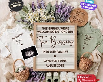 May include: A twin baby announcement with a letter board that reads "This spring, we're welcoming not one but two blessings into our family! Davidson Twins August 2025". There are two baby onesies, one that says "Prayed for One" and the other that says "Blessed with Two". There are also two pairs of baby booties, a basket with a stuffed animal, and a wooden sign that says "Hello Baby!"