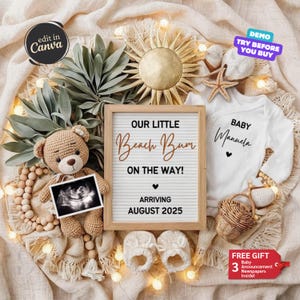 Summer Baby Announcement, Boho Pregnancy Announcement Digital, Editable Social Media Template, Gender Neutral Baby Reveal Ideas, Beach Bum