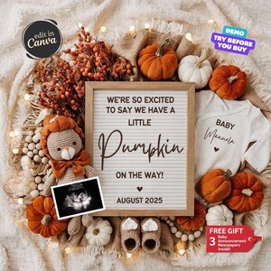 Fall Pregnancy Announcement Digital, Baby Announcement, Baby Reveal, Gender Neutral Reveal, Editable Social Media Template, Little Pumpkin