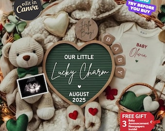 St Patrick's Day Baby Announcement, Pregnancy Announcement Digital, Gender Neutral Reveal, Social Media St. Patrick's Template, Lucky Charm