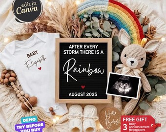 Pode incluir: Um anúncio de nascimento com um macacão branco que diz "BABY Elizabeth" com um coração vermelho, um quadro de letras preto que diz "AFTER EVERY STORM THERE IS A Rainbow AUGUST 2025", uma guirlanda de crochê arco-íris, um animal de pelúcia de crochê, uma imagem de ultrassom emoldurada e uma placa de madeira que diz "Hello Baby!"