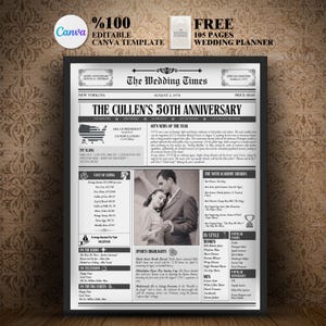 50th Anniversary Newspaper Template, Gift for Parents, Golden Anniversary, Editable Wedding Anniversary Newspaper Sign, Gifts for Couples