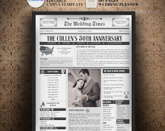 Plantilla de periódico para el 50.° aniversario, regalo para padres, aniversario de oro, letrero de periódico editable para aniversario de bodas, regalos para parejas