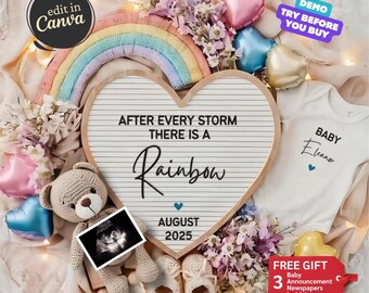 Pode incluir: Um quadro de letras em forma de coração com o texto "Depois de cada tempestade, há um arco-íris" e a data "Agosto de 2025". Um arco-íris de crochê, um urso de peluche segurando uma imagem de ultrassom, sapatos de bebê e um macacão branco com o texto "Bebé Eleanor" estão dispostos ao redor do quadro de letras. A imagem inclui uma oferta de presente grátis para três jornais de anúncios de nascimento.