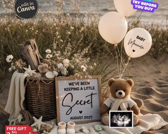 Summer Pregnancy Announcement Digital Beach Baby Announcement Editable Social Media Template Gender Neutral Reveal Baby Reveal Little Secret