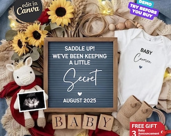 May include: A baby announcement with a letter board that reads "Saddle Up! We've Been Keeping A Little Secret August 2025". There is a white onesie with the text "Baby Carmen" and a crocheted horse with a red scarf and an ultrasound image.