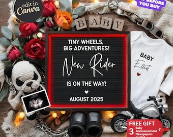 Motorcycle Baby Announcement Digital, Pregnancy Reveal Biker, Baby Boy Announcement, Editable Social Media Template, New Rider On the Way