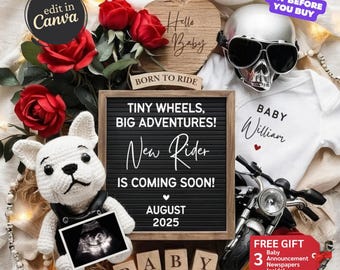 Baby Boy Announcement Motorcycle, Baby Announcement Digital, Neutral New Baby Reveal Biker, Editable Social Media Template, New Rider